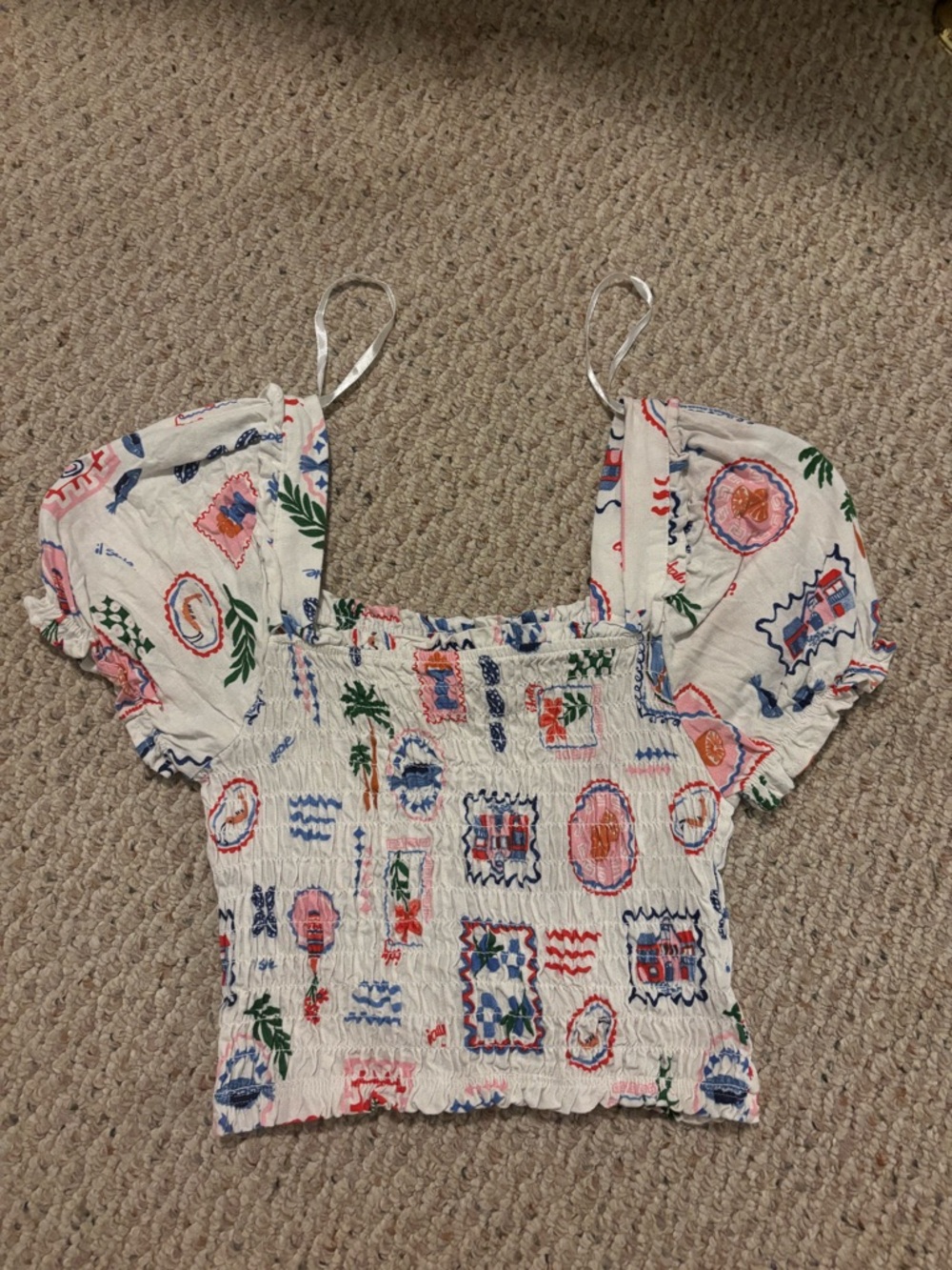 Smocked Puff Sleeve Crop Top - White with Multi Print